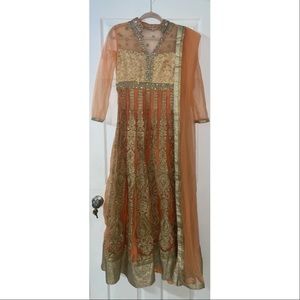 Orange Anarkali with Net Dupatta and Churidar